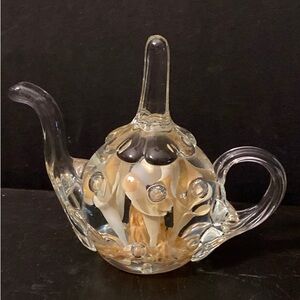 Vintage  Joe St. Clair Art Glass Tea Pot Paperweight / Ring Holder  Beige Flower
